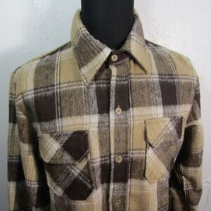 Vtg Private Club Men's L Plaid Flannel Button Down Shirt Brown Tan Wool Blend